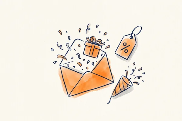 Busta disegnata a mano da cui escono coriandoli, un pacco regalo e un cartellino del prezzo, che illustra un'email promozionale