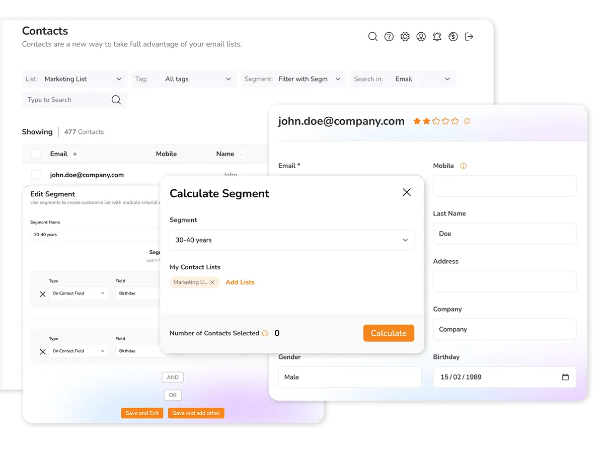Dashboard contatti con tag, segmenti ed elenchi