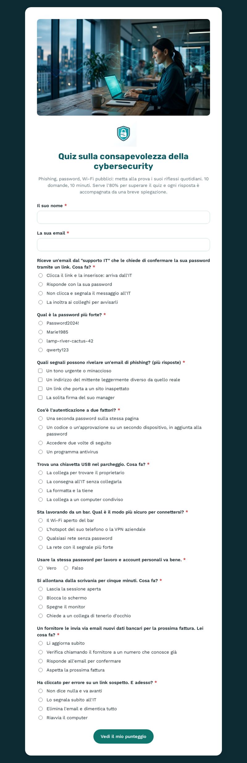 Quiz sulla consapevolezza della cybersecurity