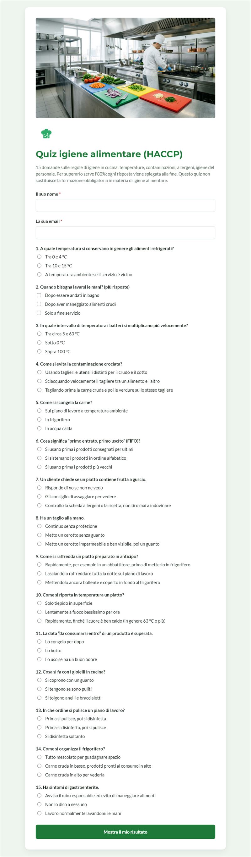 Quiz igiene alimentare (HACCP)