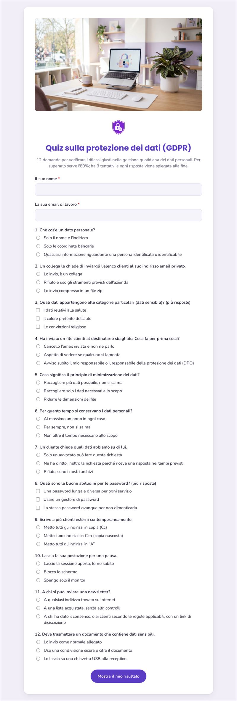 Quiz sulla protezione dei dati (GDPR)