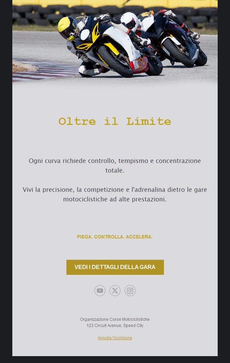Email dettagli gara motociclistica