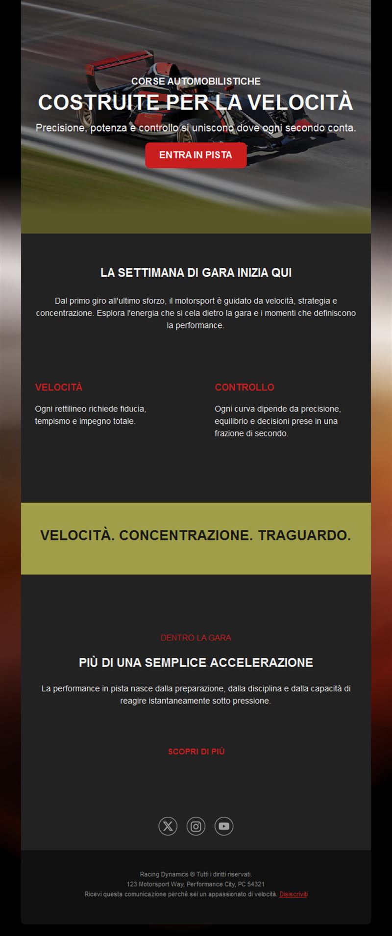 Email settimana di gara automobilistica