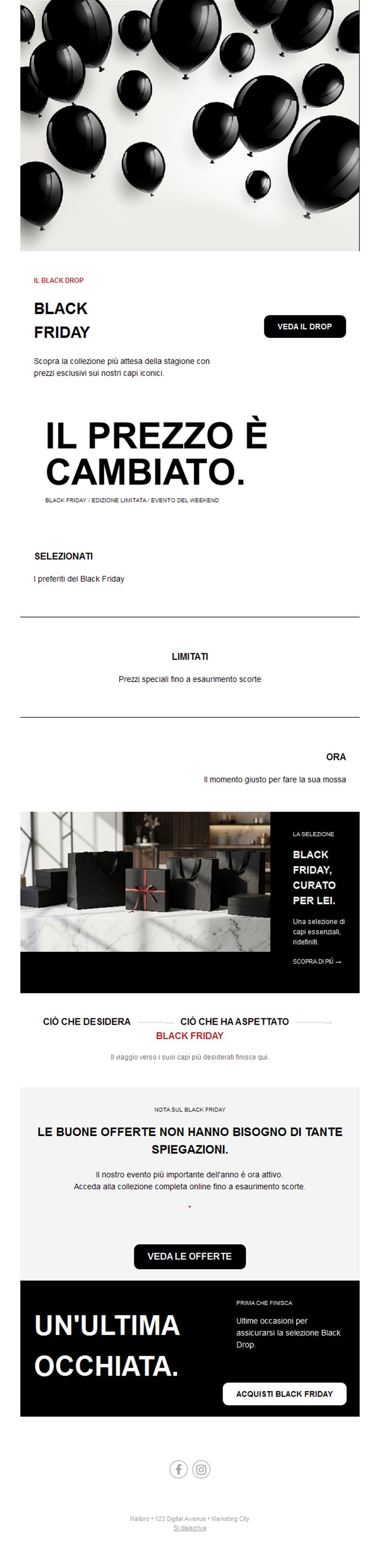 Email minimal in bianco e nero Black Friday