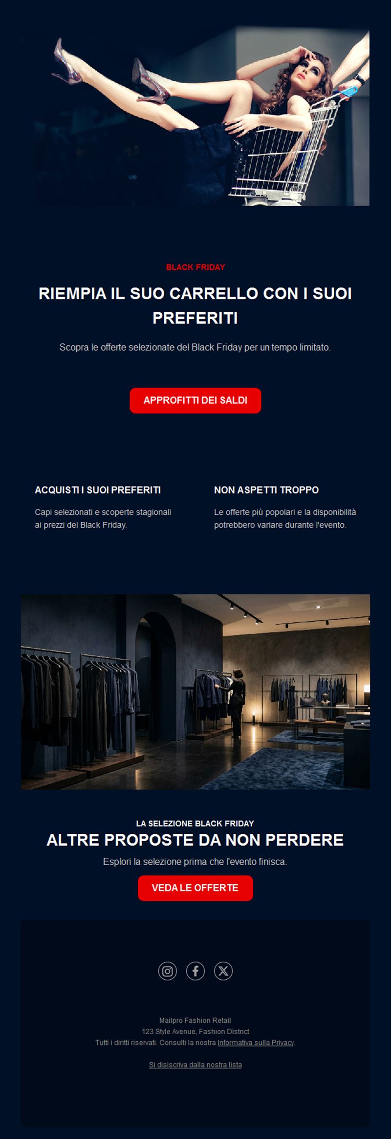 Email blu navy di shopping Black Friday