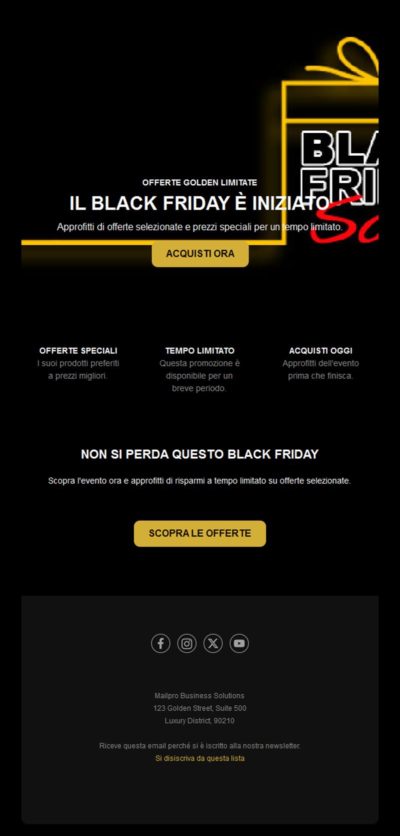 Email nera e gialla di saldi Black Friday