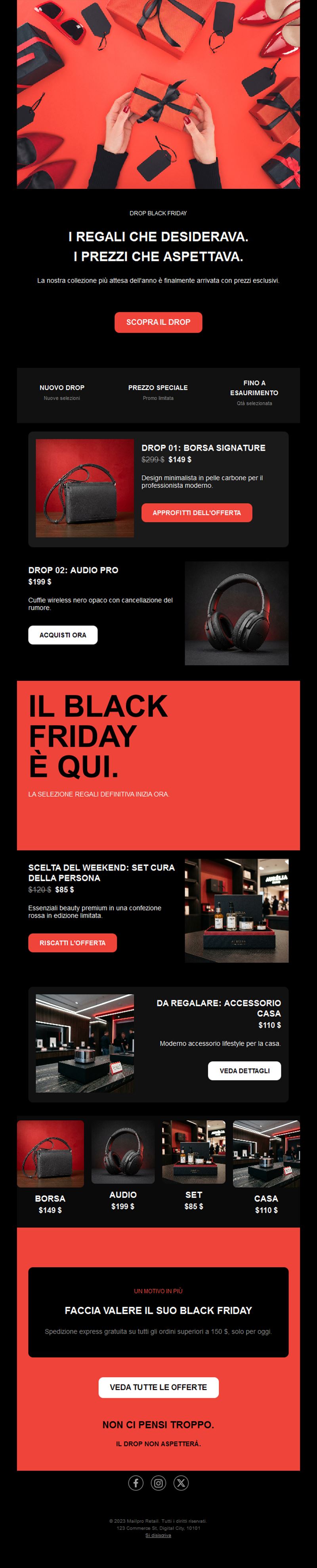 Email rossa di regali e offerte Black Friday