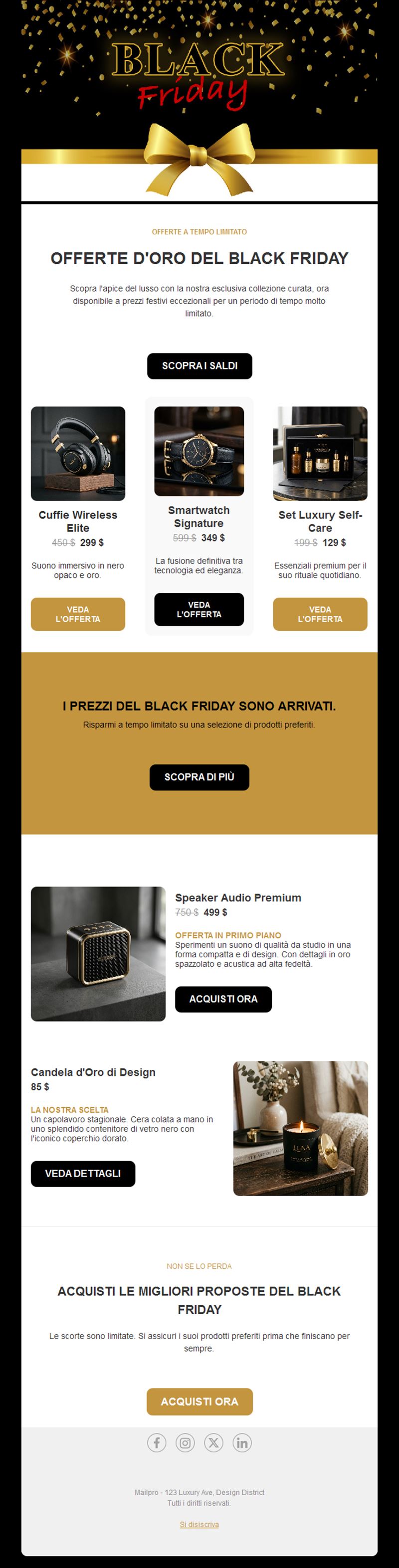 Email nera e oro con offerte Black Friday