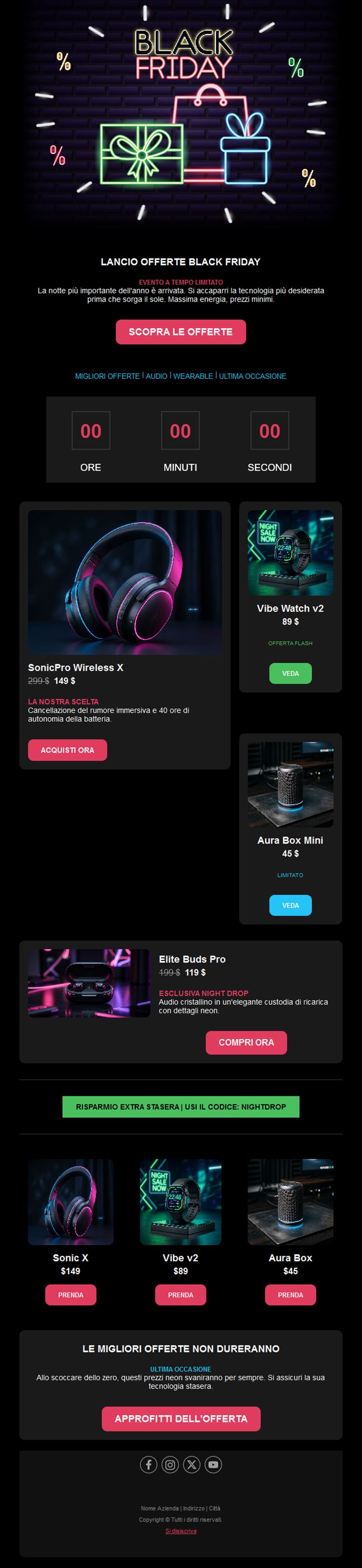 Email neon offerte tech Black Friday