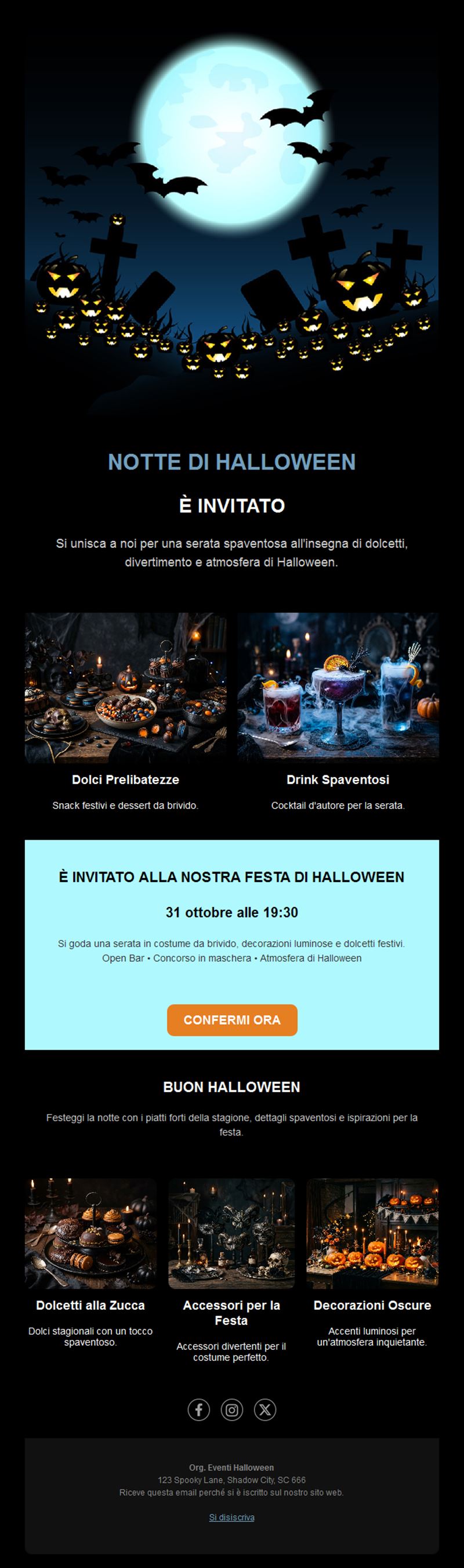 Email per serata di Halloween con menu