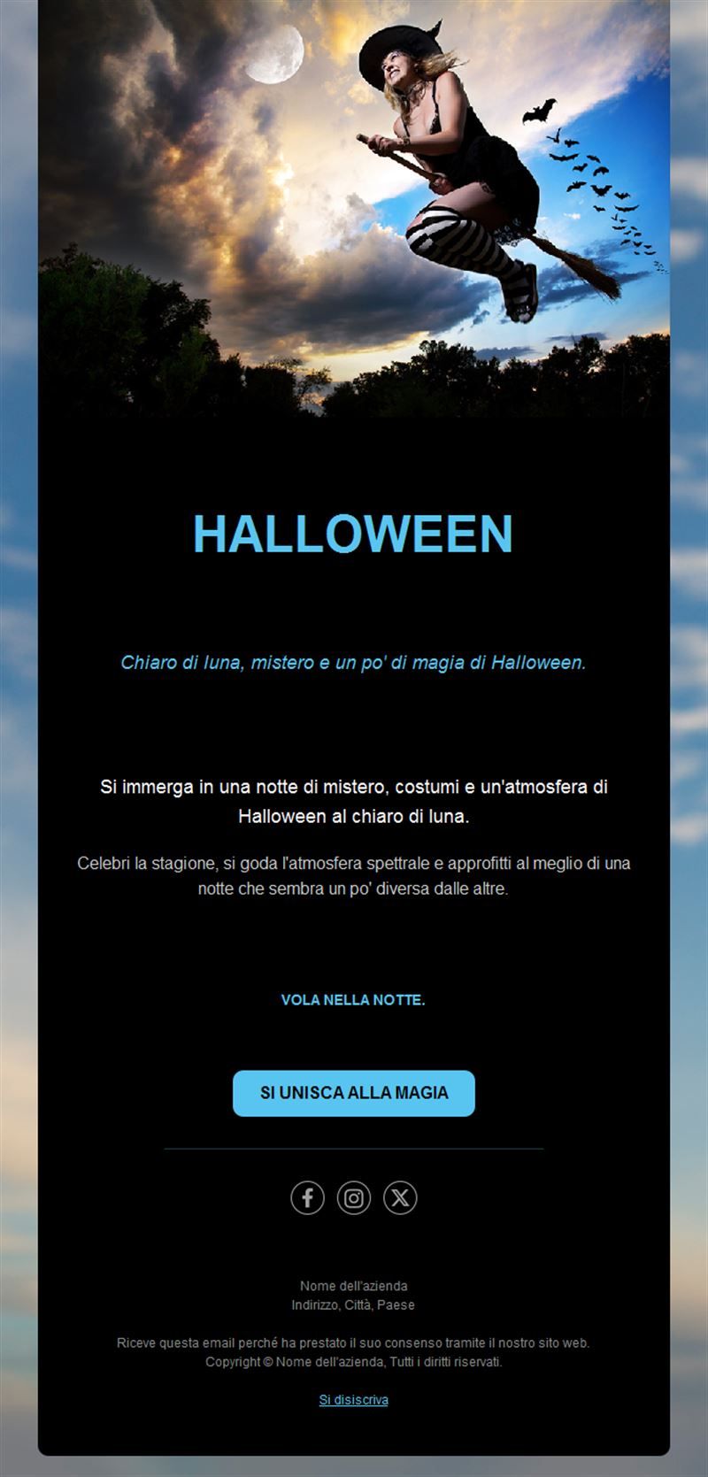 Modello email di Halloween con strega