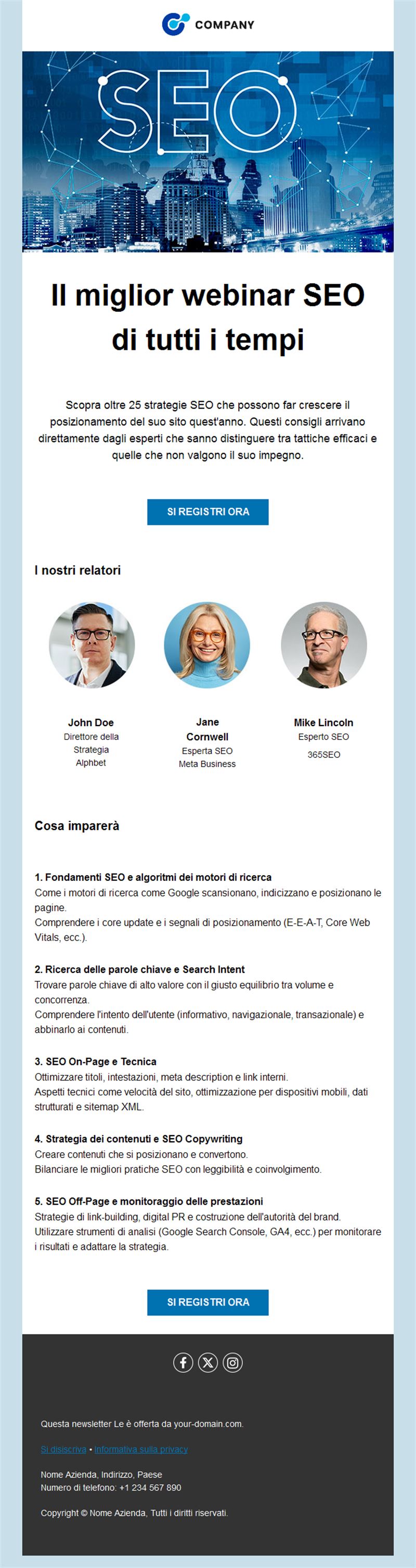 Email di invito a webinar con relatori