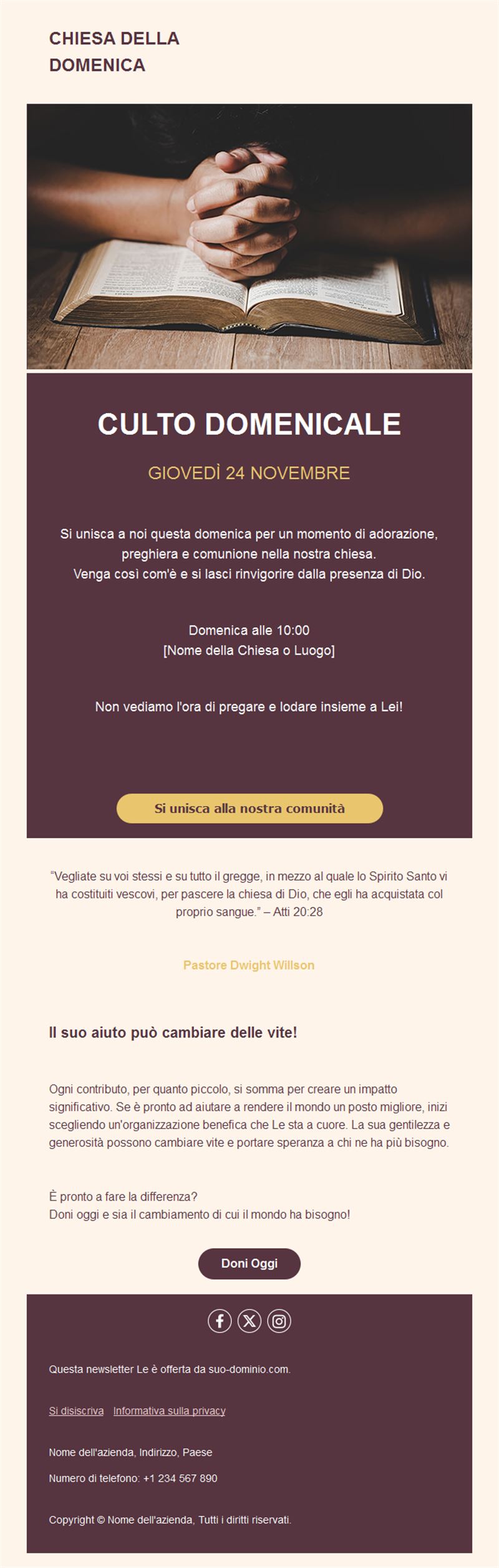 Email della chiesa per la messa domenicale