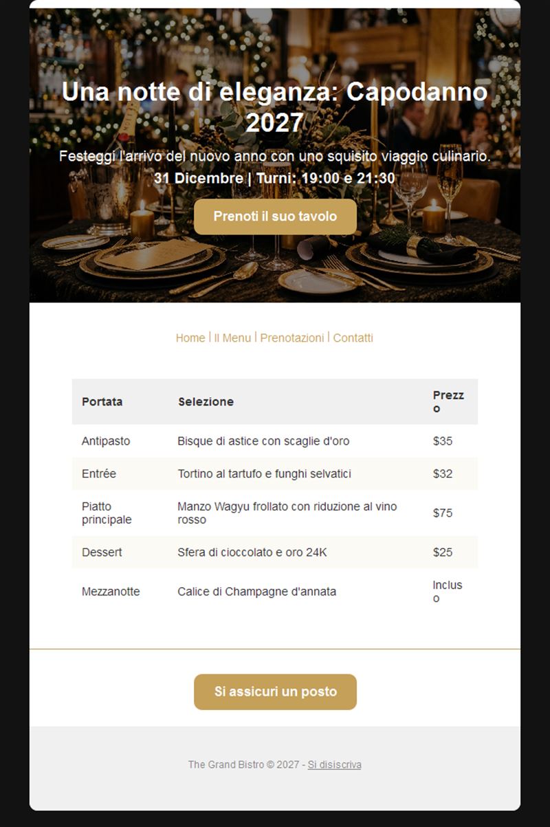 Invito via email alla cena di Capodanno 2027