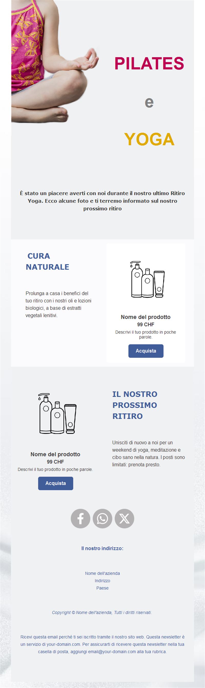 Email prodotti del ritiro di yoga