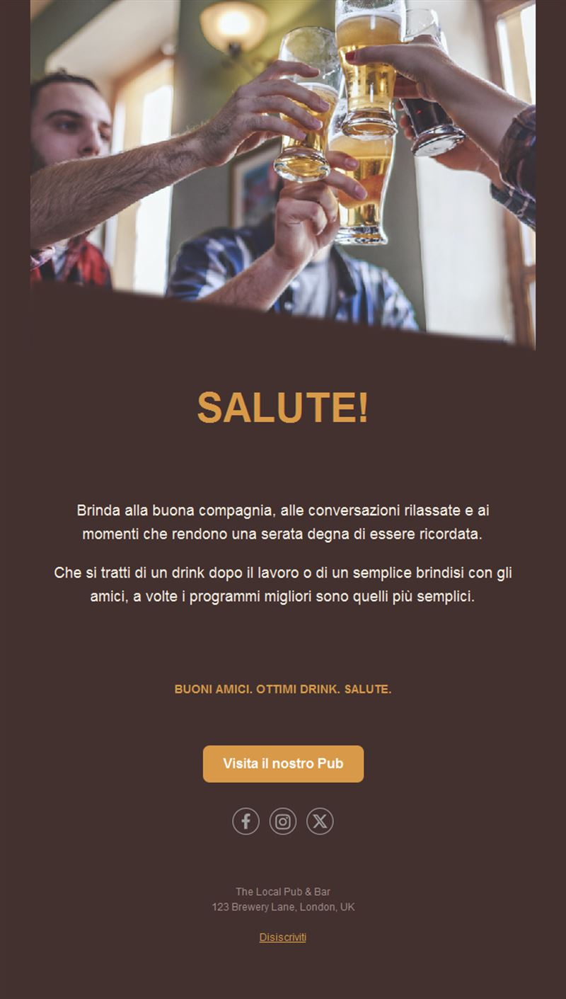 Modello email da pub con amici che brindano