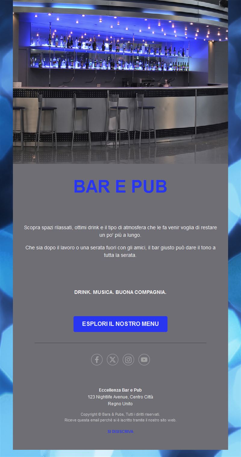 Modello email con il menu di un cocktail bar