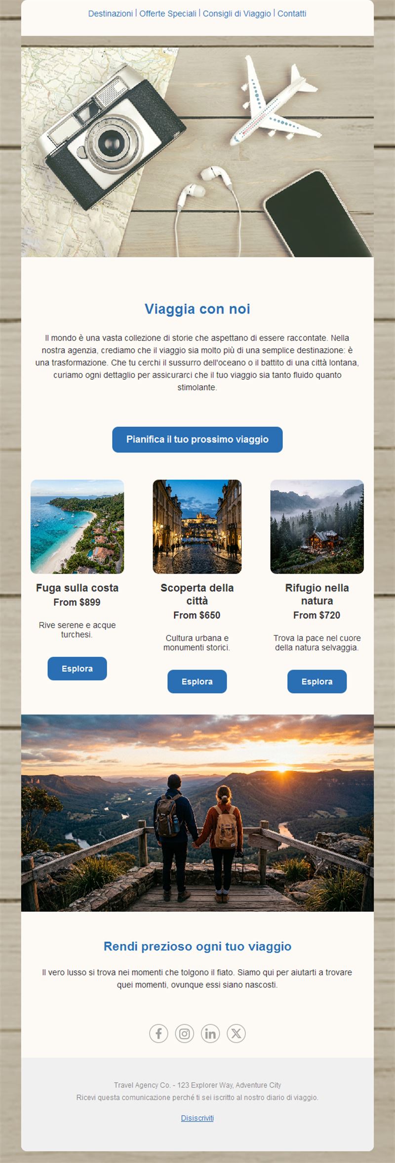 Email di agenzia di viaggi per pianificare