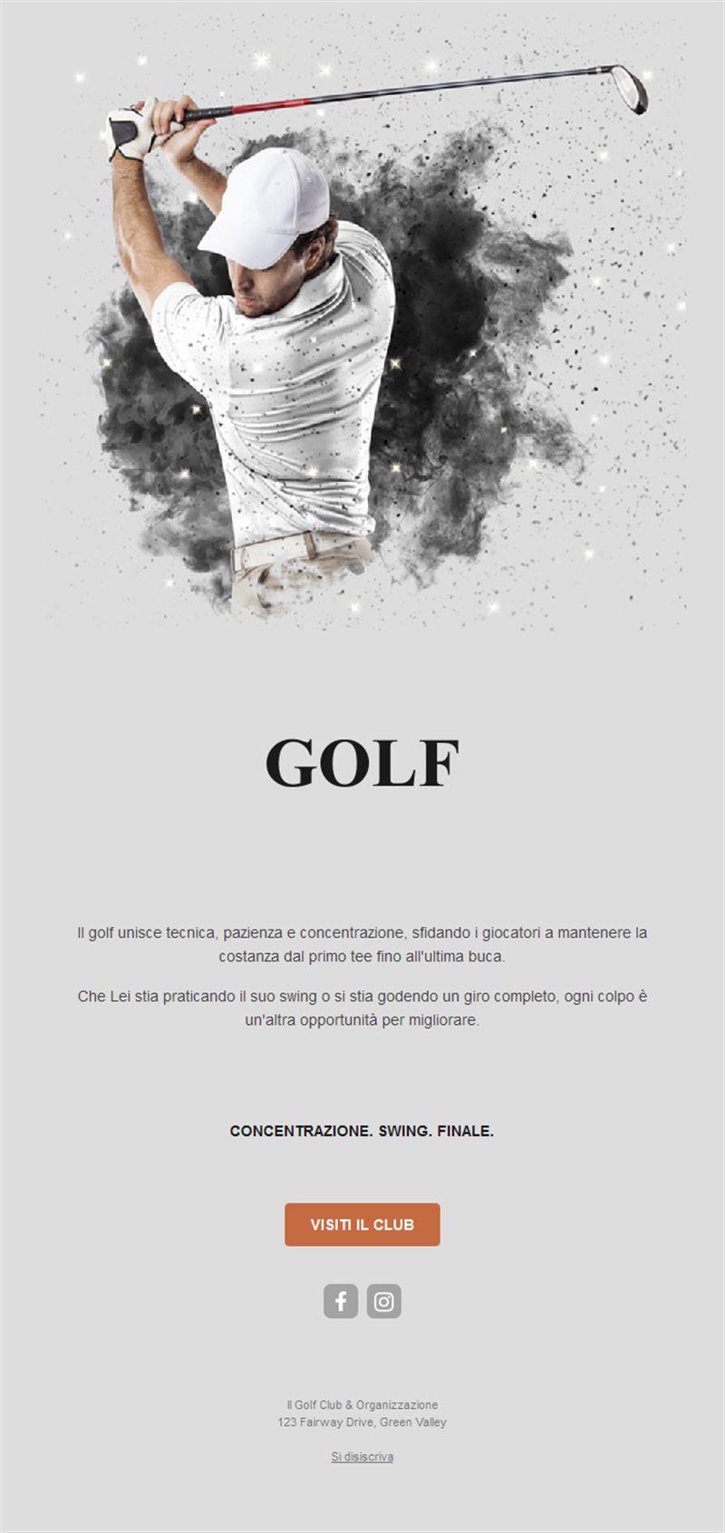 Email grigia di golf club con golfista