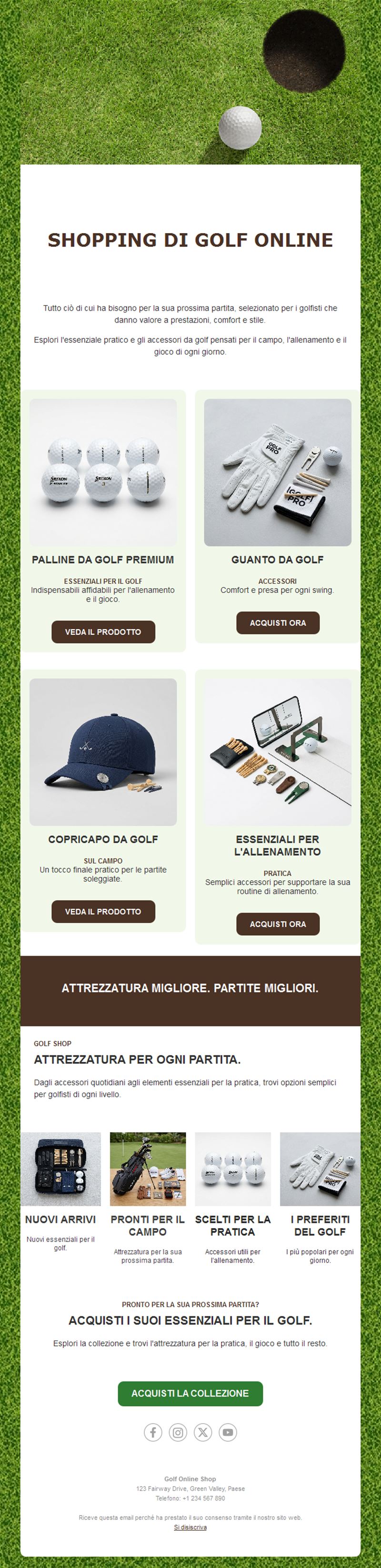 Email negozio di golf con prodotti