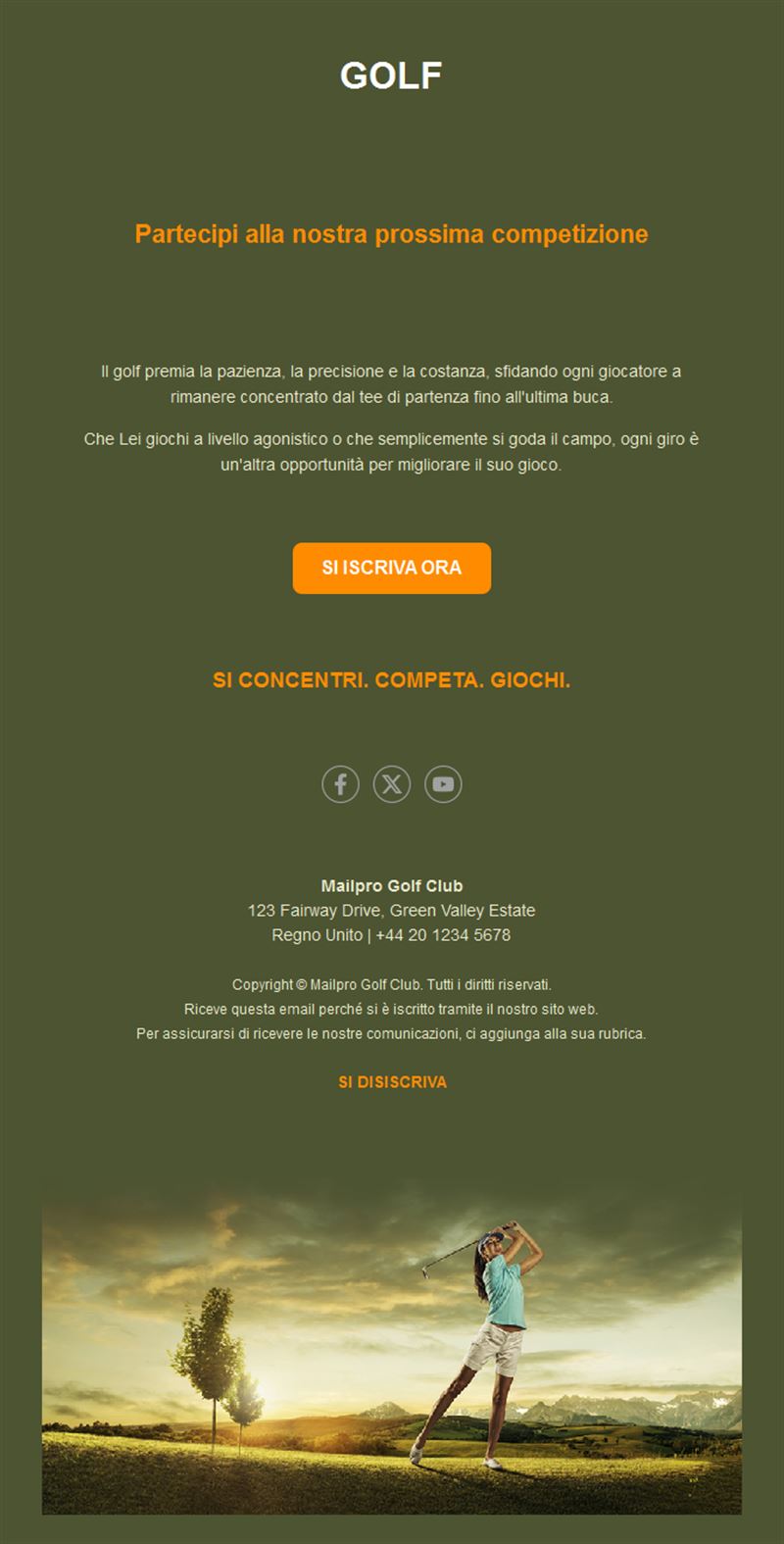Email di iscrizione a una gara di golf