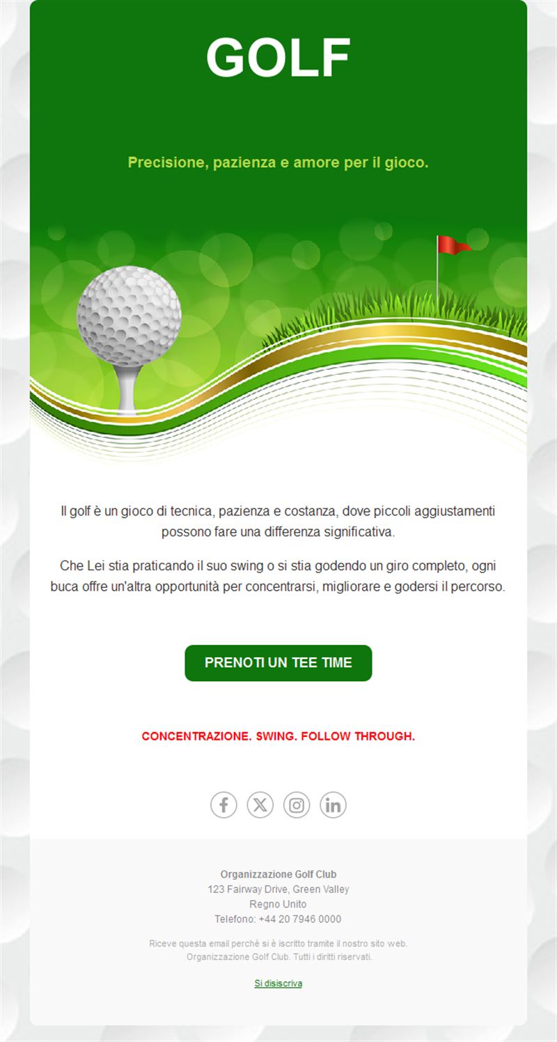 Email club di golf per prenotare il tee time