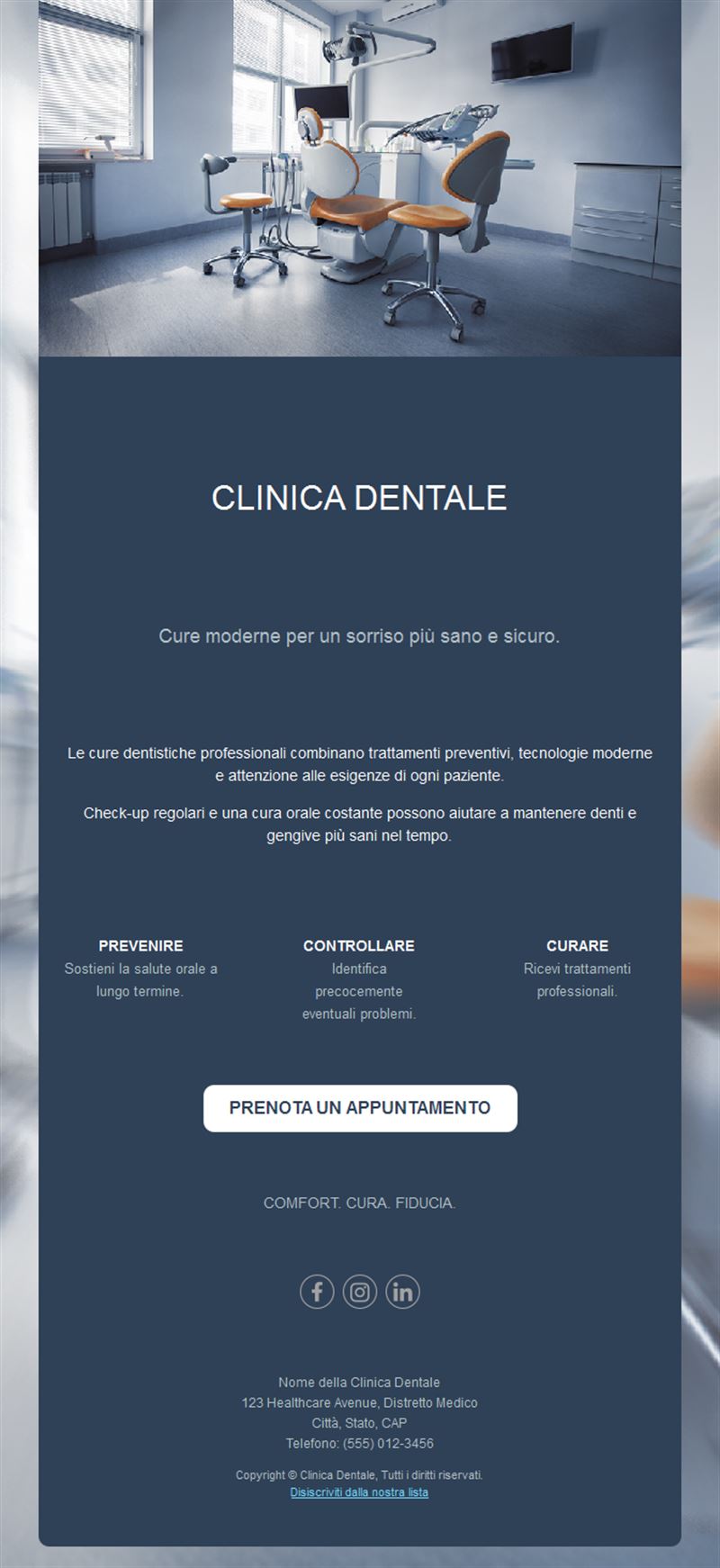 Email blu navy di appuntamento in clinica