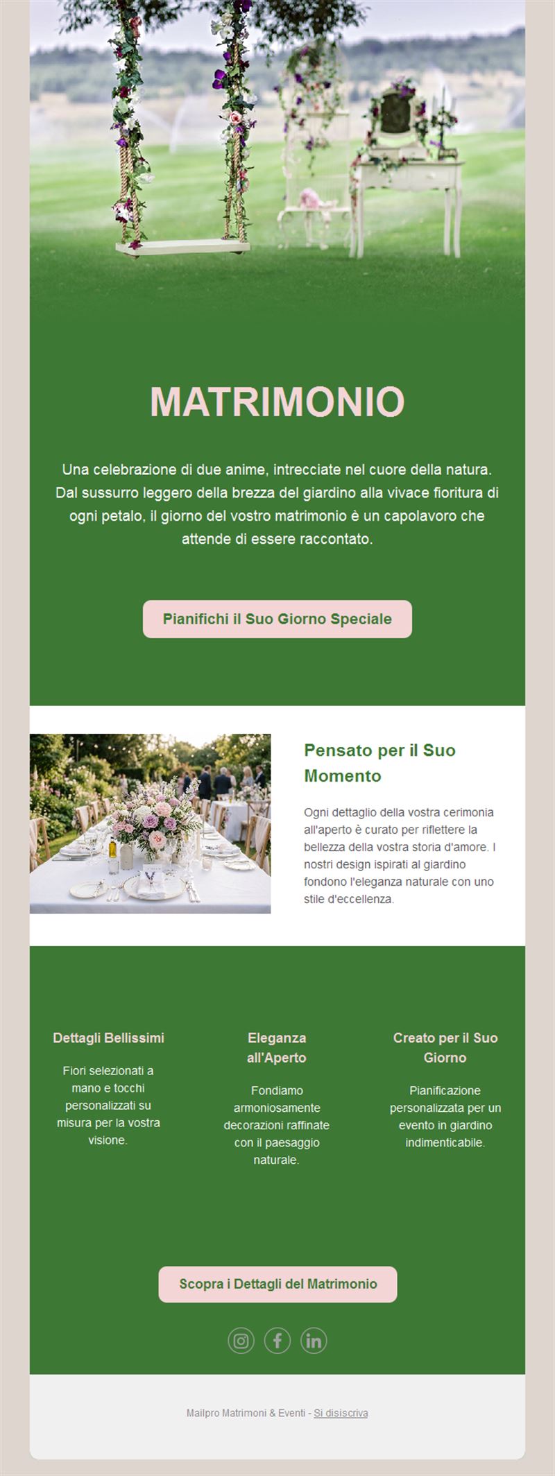 Email di matrimonio all'aperto in giardino