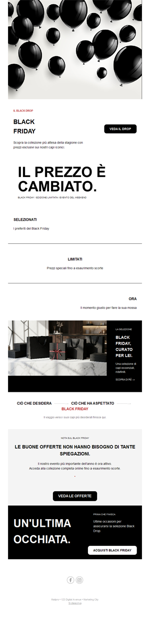 Email minimal in bianco e nero Black Friday