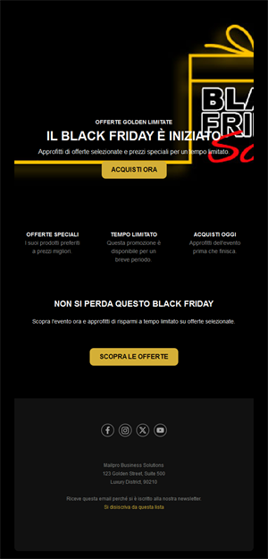 Email nera e gialla di saldi Black Friday