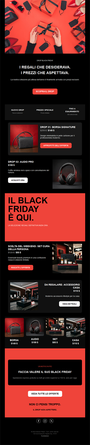 Email rossa di regali e offerte Black Friday