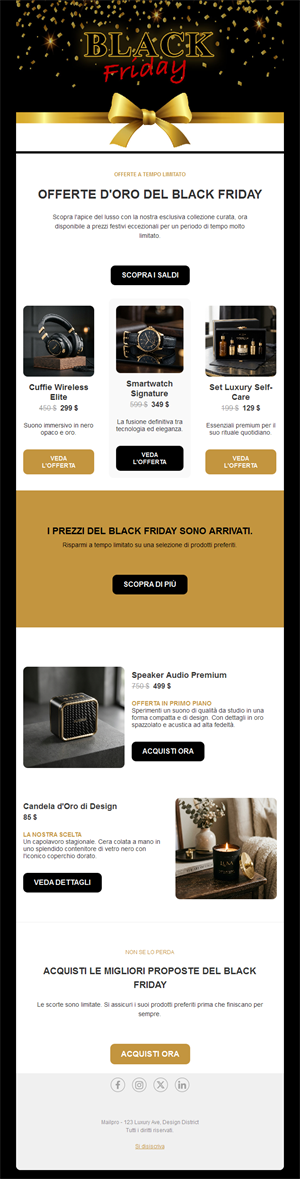Email nera e oro con offerte Black Friday