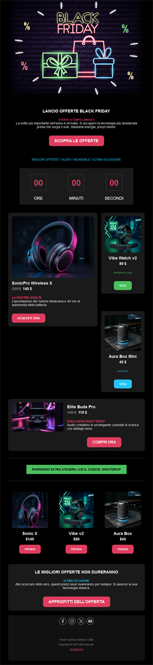 Email neon offerte tech Black Friday