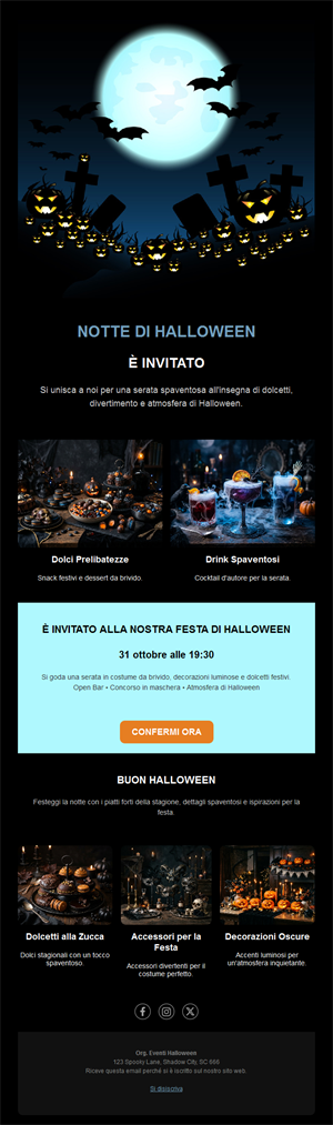 Email per serata di Halloween con menu