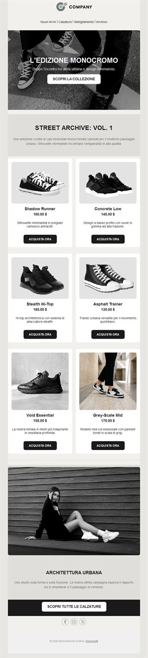 Email lancio sneaker con griglia prodotti