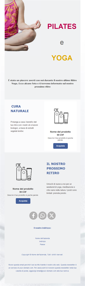 Email prodotti del ritiro di yoga