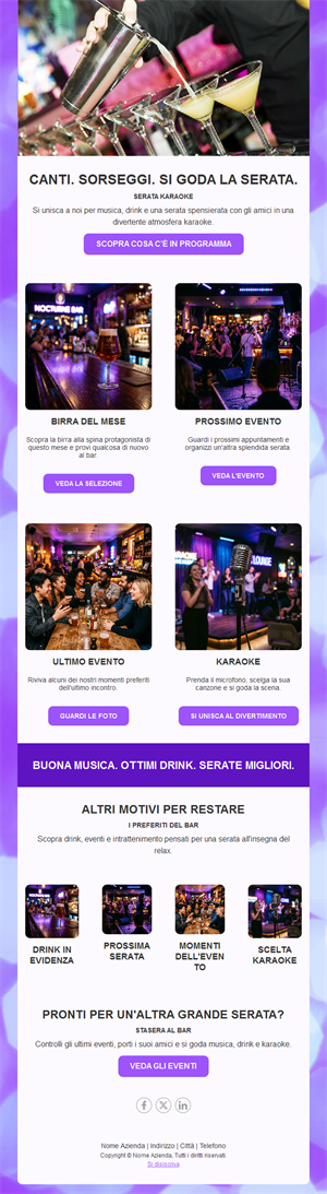 Newsletter per serate karaoke ed eventi del bar