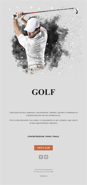 Email grigia di golf club con golfista