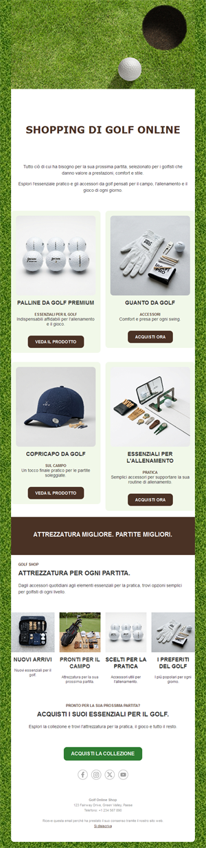 Email negozio di golf con prodotti