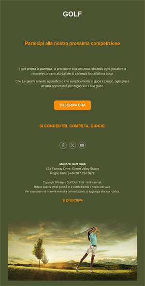 Email di iscrizione a una gara di golf