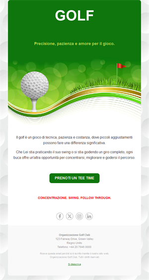 Email club di golf per prenotare il tee time